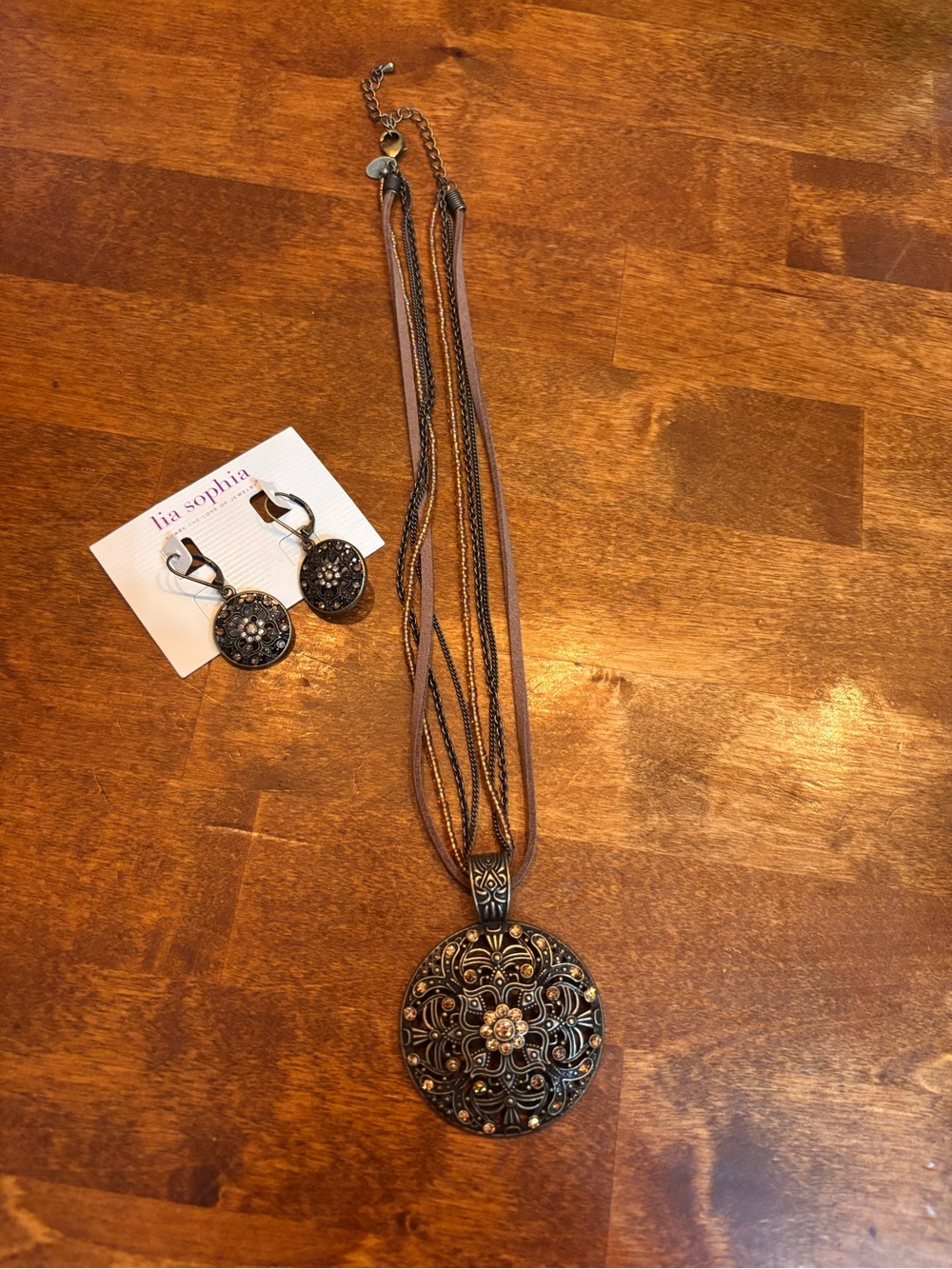 Lia Sophia Bronze Filigree Pendant Necklace with Matching Earrings